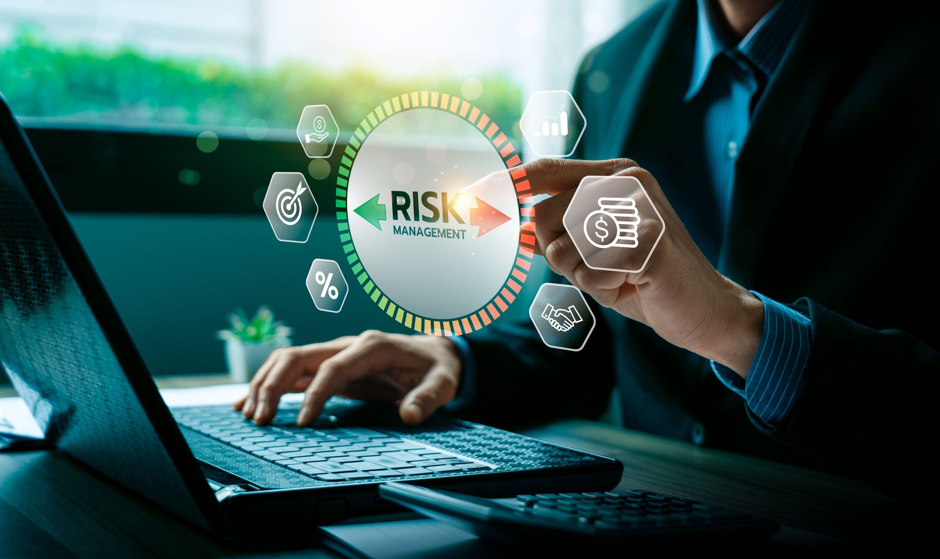 Businessman Working on Laptop with Interactive Risk Management Dashboard, Analyzing Financial and Strategic Icons for Business Growth, Investment Planning, and Effective Risk Control